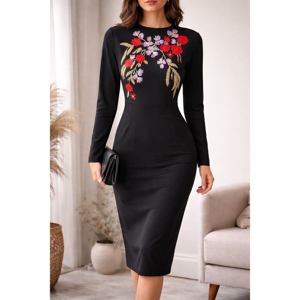 Black Embroidered Floral Sheath Dress XL‎ Cottagecore Romantic Botanical